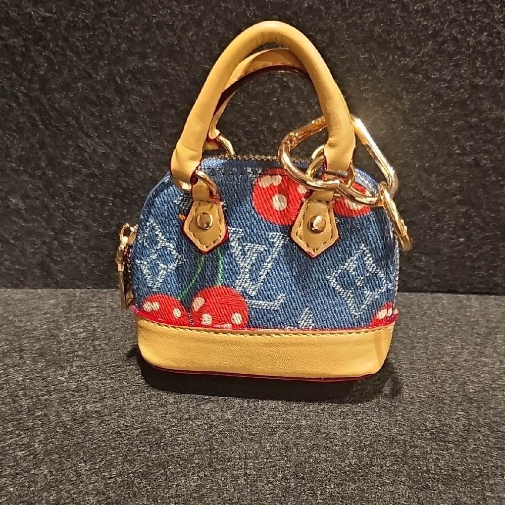 Denim and Gold Mini Bag with Cherry Charm - Picture 4 of 6